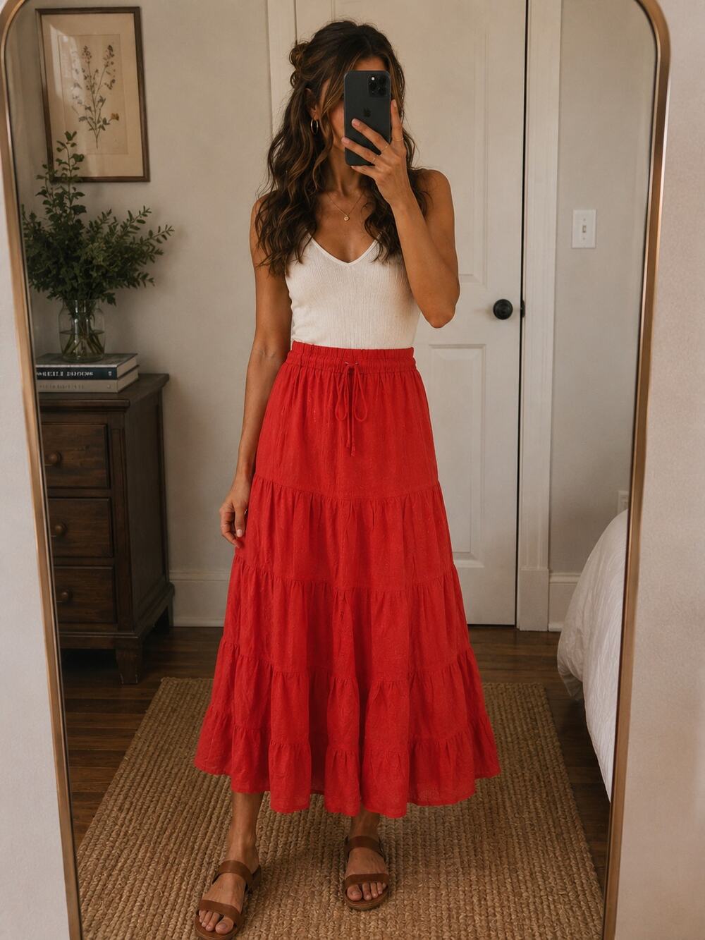 Boho Linen Blend Tiered Maxi Skirt with Drawstring Waist – Vibrant Orange-Red